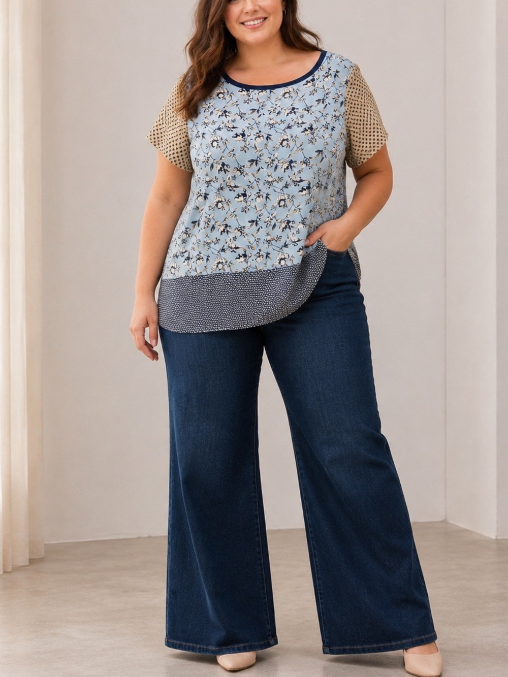 Cynthia Rowley Woman 1X Blue Floral Mixed Print Short Sleeve Tunic Top